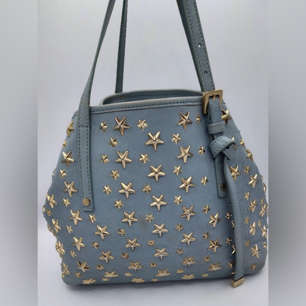 Jimmy Choo Y2K Sasha Blue Leather Gold Star Studded Tote / Authentic